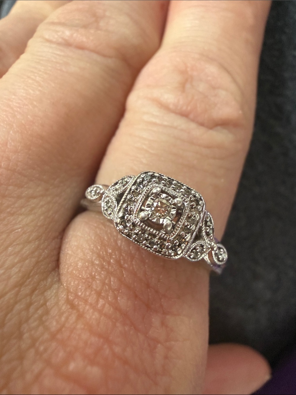925 Sterling Filigree Marquise Ring with Natural Diamonds VTG Sz8